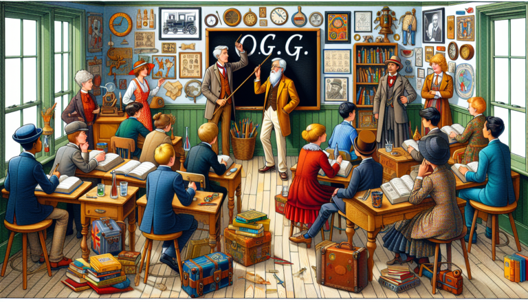 Create an image of a charming vintage-style classroom with students of varied ages, each representing different eras of style and culture, engaging in a spirited discussion with a wise, elderly teache