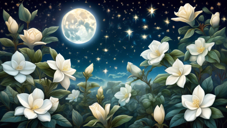 An ethereal garden filled with blooming gardenias under a full moon, with a transparent overlay of various cultural symbols associated with gardenias, against a backdrop of a starry night sky.