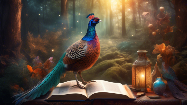 A majestic pheasant standing on an ancient book surrounded by mystical symbols and soft, ethereal light filtering through a dense, enchanted forest.