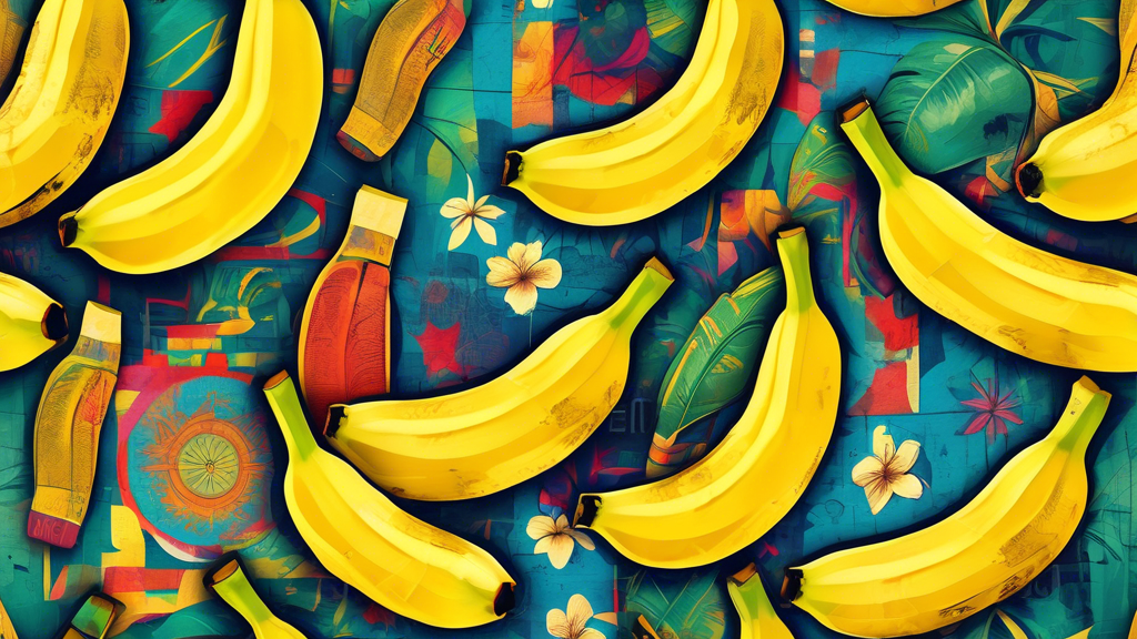 An illustrated guide depicting various cultural and historical symbols of bananas from around the world, set against a vibrant collage of mixed media textures and colorful abstract backgrounds.