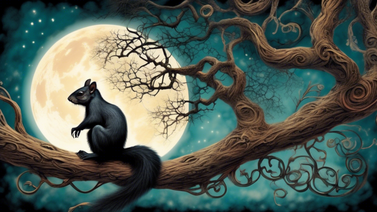 Create an artistic illustration of a mystical black squirrel perched atop an ancient, gnarled tree under a full moon, with intricate Celtic symbols glowing softly in the background.