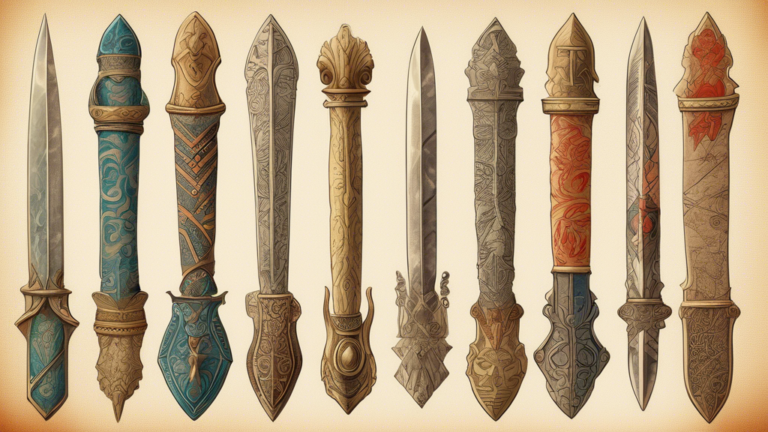 An intricate illustration of a collection of various historical daggers from around the world, each engraved with symbolic designs representative of their cultural significance. The background feature