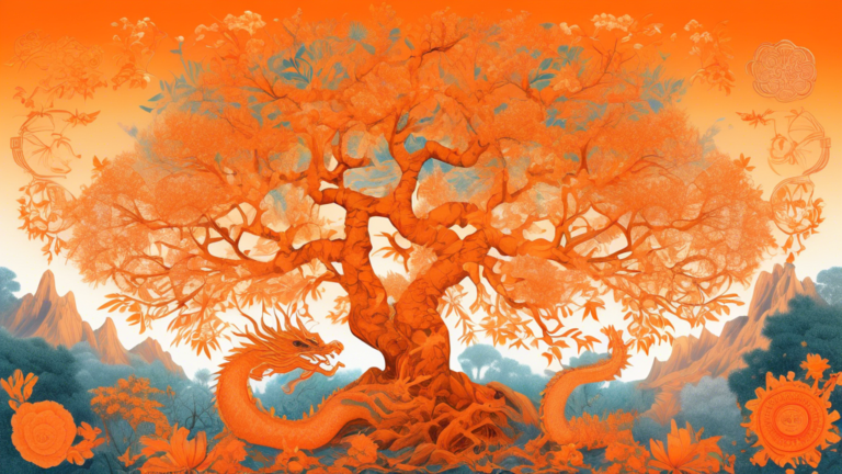 An ethereal collage of orange trees blossoming in different cultural settings around the world, with symbols like Chinese dragons, Indian mandalas, and Mediterranean mosaics intricately woven into the