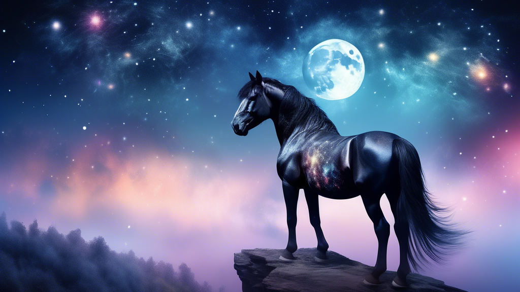 a mystical black horse standing on a cliff under a full moon, with shimmering stars and a galaxy visible in the sky, surrounded by wisps of ethereal fog