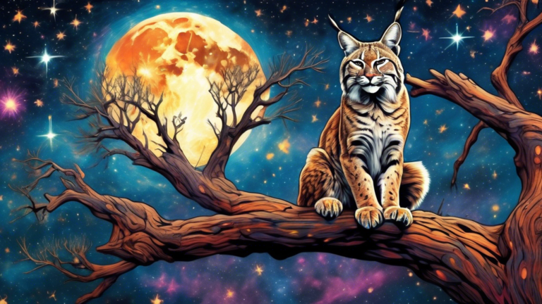 Create an artistic, dream-like image of a majestic bobcat perched atop an ancient, gnarled tree under a starry sky, with native American totems and symbols softly glowing in the background.