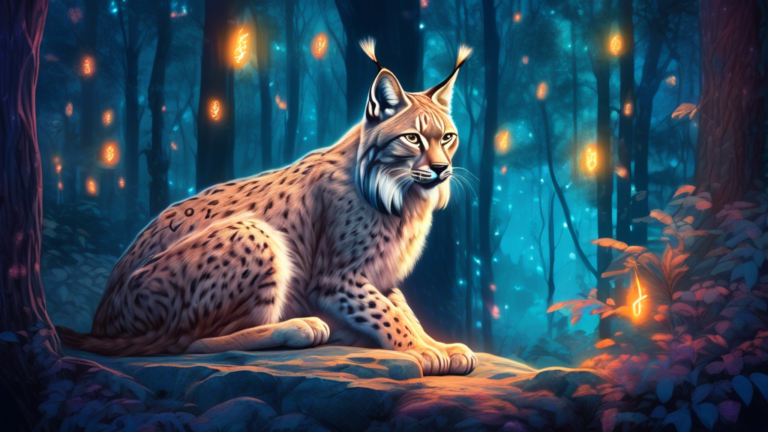 An ethereal forest at twilight with a majestic lynx sitting beside an ancient stone covered in mysterious runes, surrounded by soft, glowing fireflies.