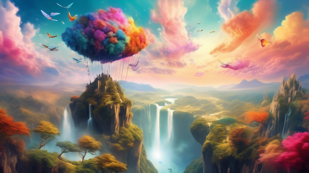 Create a surreal, imaginative scene where a person is soaring high above a dreamlike landscape. The person should have large, ethereal wings and be gliding effortlessly through a sky filled with vibra