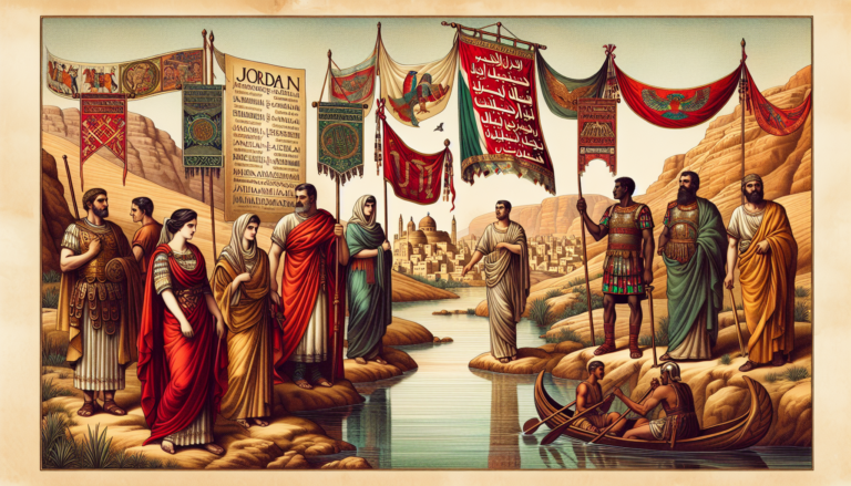 An ancient scroll illustrated with the Jordan River and historical maps of the Middle East, with people from different eras standing by its banks, each holding a banner with the name Jordan in various