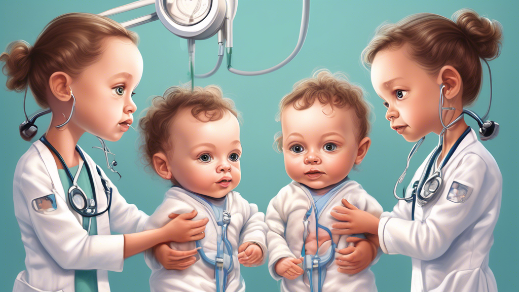 Create a detailed and empathetic illustration depicting conjoined triplets in a medical setting. Highlight the complexity and rarity of their condition, with medical professionals attentively examinin