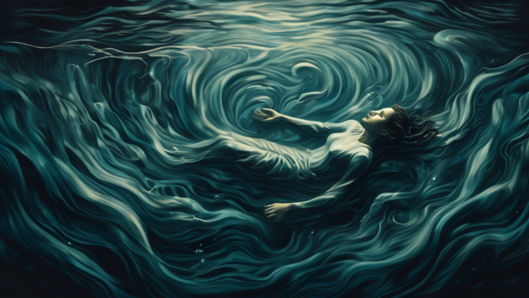 Generate an artistic, surreal image depicting a person underwater, enveloped by dark, swirling currents. The person's expression is a mix of fear and contemplation, symbolizing the complexity of dream