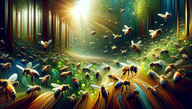 An intricate digital painting showing a massive, vibrant swarm of honeybees in a lush forest, illustrating interaction patterns and collective decision-making, with several bees in focus demonstrating