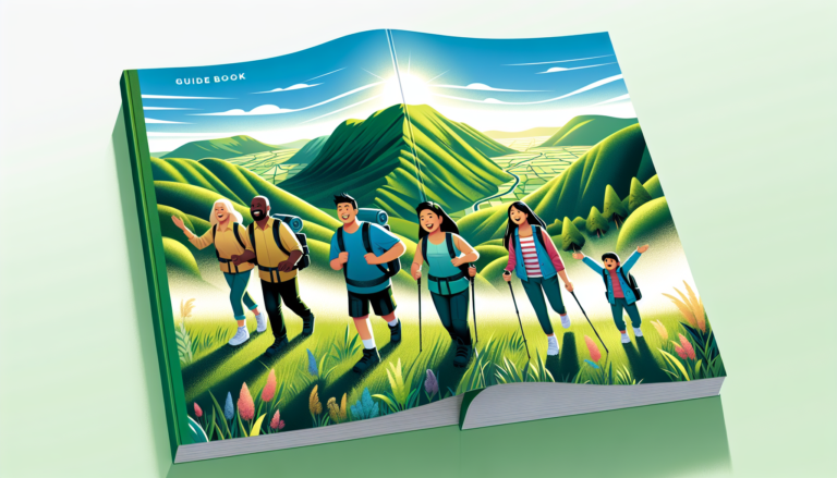 An illustrated guidebook cover displaying a diverse group of people of various ages and ethnic backgrounds hiking up a lush, green mountain trail with clear blue skies and sunrise in the background, e