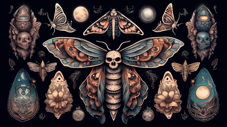 An intricate, detailed illustration of a variety of moth tattoos on different skin tones, showcasing symbolic elements like skulls, eyes, and moon phases around the wings, set in a mystical, softly li