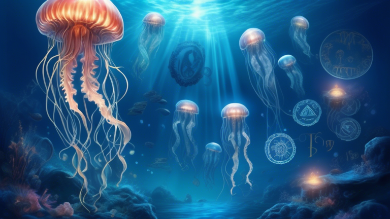 An ethereal underwater scene with a large, translucent jellyfish glowing in moonlight, surrounded by faintly illuminated ancient symbols and runes, conveying a sense of mystery and mysticism in the de