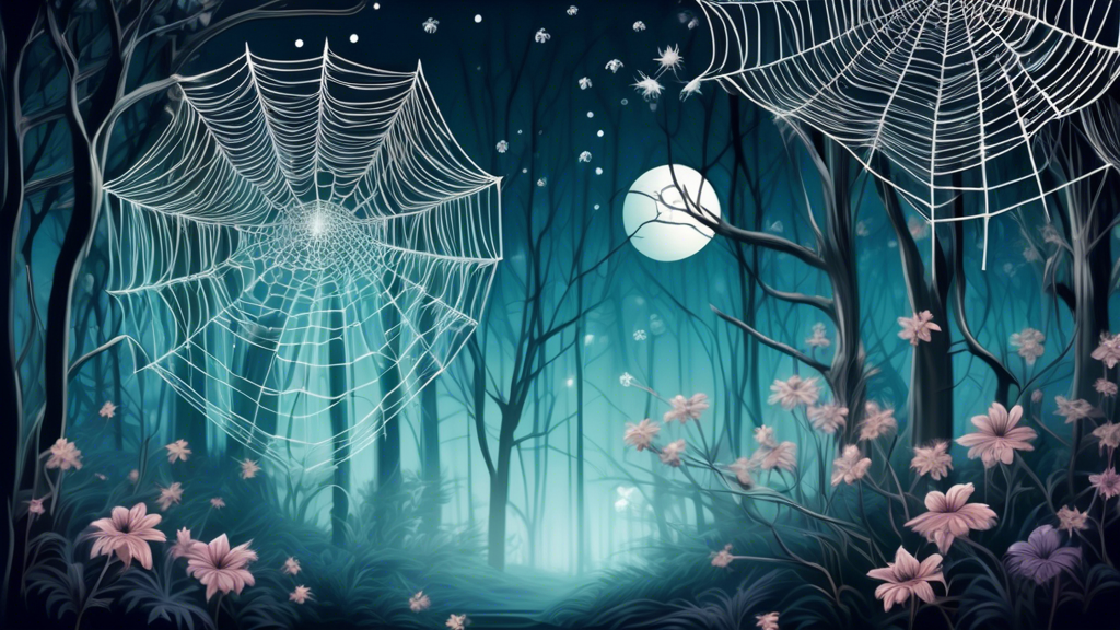 An ethereal forest scene with delicate white spiders weaving intricate webs among moonlit trees, each web adorned with symbols representing peace, purity, and mystery.