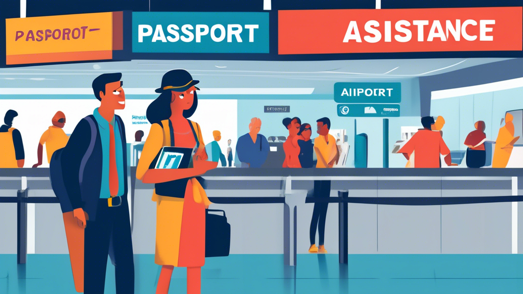 An illustration showing a worried traveler holding a ripped passport, standing in front of an airport counter with a helpful staff member pointing to a sign that says 'Passport Assistance.' The backgr